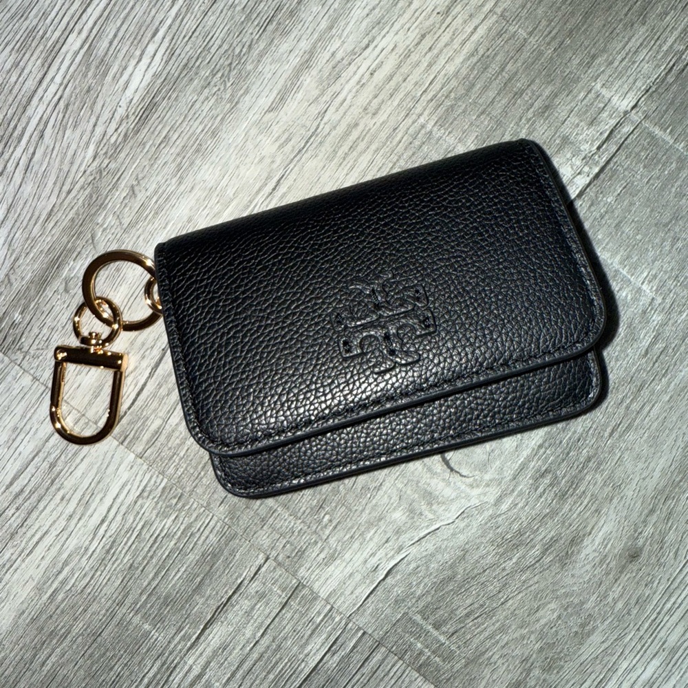 Tory Burch Black Leather Key Pouch with Gold Hardware